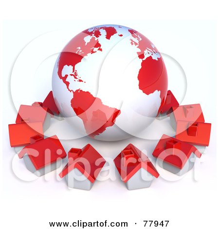 Royalty-Free (RF) Clipart Illustration of a 3d Red Global Community Village Circling A Globe by Tonis Pan
