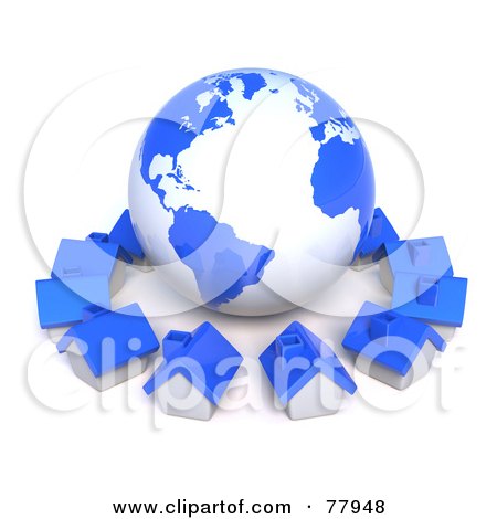 Royalty-Free (RF) Clipart Illustration of a 3d Blue Global Community Village Circling A Globe by Tonis Pan