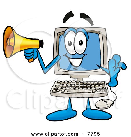 Clipart Picture of a Desktop Computer Mascot Cartoon Character Holding a Megaphone by Mascot Junction