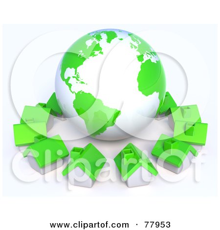 Royalty-Free (RF) Clipart Illustration of a 3d Green Global Community Village Circling A Globe by Tonis Pan