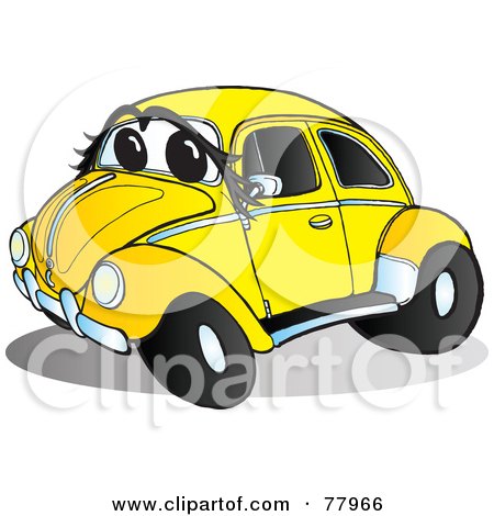 Royalty-Free (RF) Clipart Illustration of a Yellow Slug Bug Car With A Face And Chrome Accents by Snowy