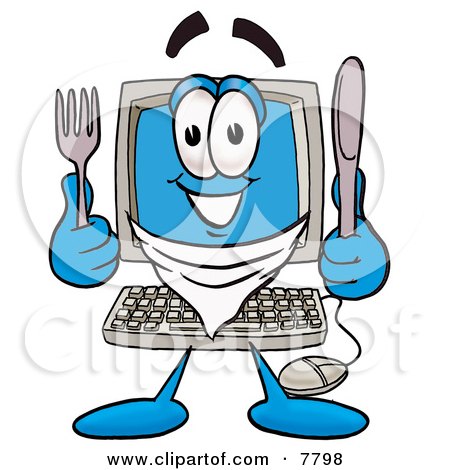 Clipart Picture of a Desktop Computer Mascot Cartoon Character Holding a Knife and Fork by Mascot Junction