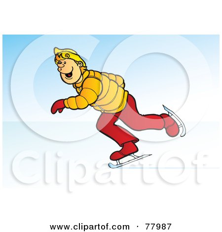 Royalty-Free (RF) Clipart Illustration of a Happy Blond Teen Boy Ice Skating by Snowy
