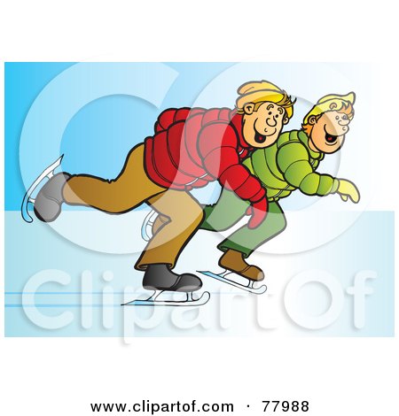 Royalty-Free (RF) Clipart Illustration of Two Blond Teenage Boys Ice Skating Together by Snowy