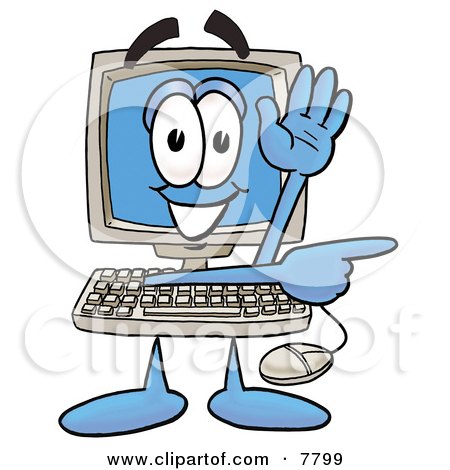Clipart Picture of a Desktop Computer Mascot Cartoon Character Waving and Pointing by Mascot Junction
