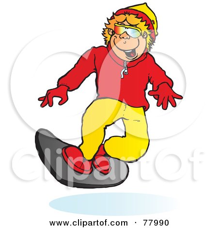 Royalty-Free (RF) Clipart Illustration of a Happy Blond Boy Snowboarding Slightly Left by Snowy