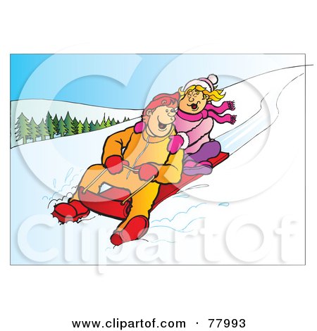 Royalty-Free (RF) Clipart Illustration of a Brother And Sister Having Fun While Sledding Down Hill by Snowy