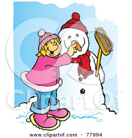 Royalty-Free (RF) Clipart Illustration of a Happy Blond Girl Putting A Carrot Nose On A Snowman In The Winter by Snowy