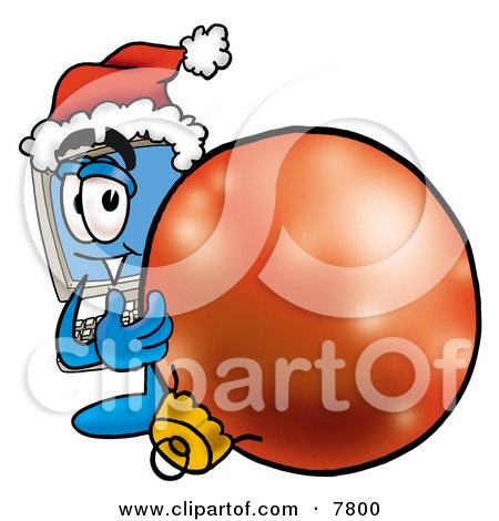 Clipart Picture of a Desktop Computer Mascot Cartoon Character Wearing a Santa Hat, Standing With a Christmas Bauble by Mascot Junction