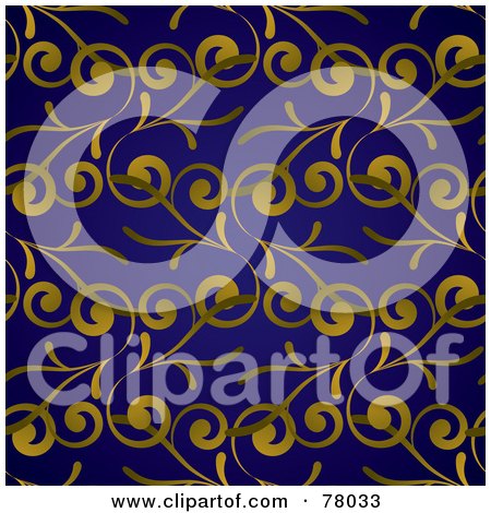 Royalty-Free (RF) Clipart Illustration of a Golden Royal Leaf Pattern Background On Navy Blue by michaeltravers