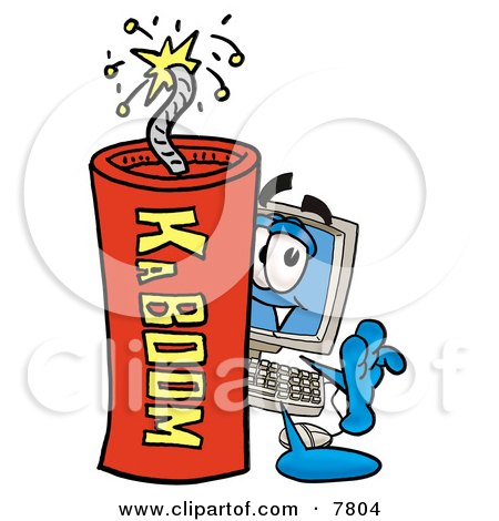 Clipart Picture of a Desktop Computer Mascot Cartoon Character Standing With a Lit Stick of Dynamite by Mascot Junction