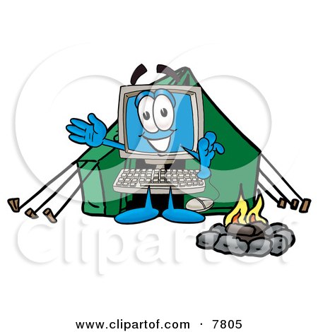 Clipart Picture of a Desktop Computer Mascot Cartoon Character Camping With a Tent and Fire by Mascot Junction