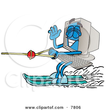 Clipart Picture of a Desktop Computer Mascot Cartoon Character Waving While Water Skiing by Mascot Junction