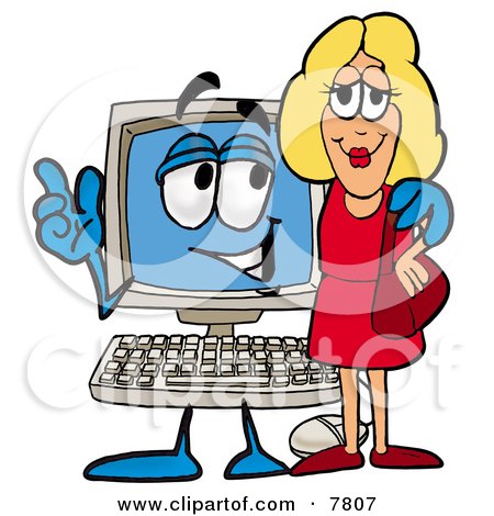Clipart Picture of a Desktop Computer Mascot Cartoon Character Talking to a Pretty Blond Woman by Mascot Junction