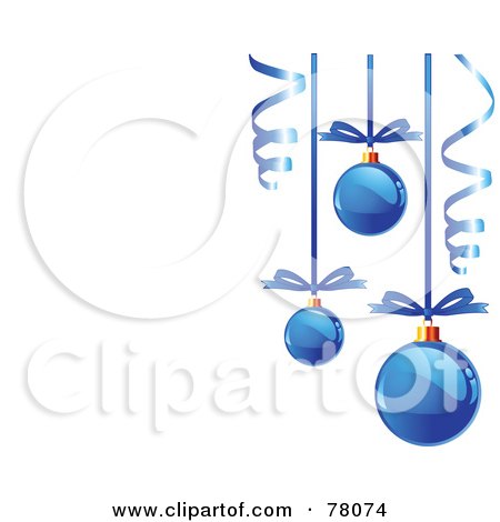 Royalty-Free (RF) Clipart Illustration of a White Background With Blue Christmas Bulbs And Curly Ribbons by Pushkin