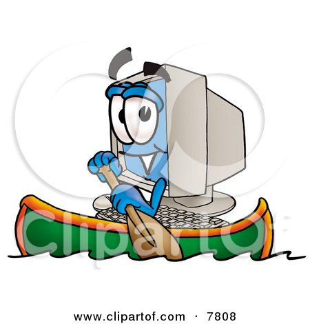 Clipart Picture of a Desktop Computer Mascot Cartoon Character Rowing a Boat by Mascot Junction