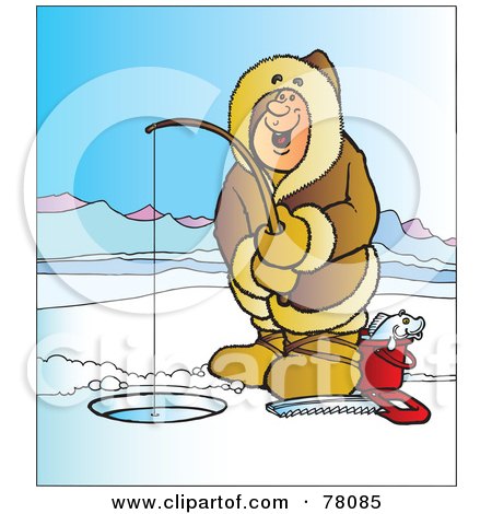 Royalty-Free (RF) Clipart Illustration of a Happy Man Wearing A Coat And Ice Fishing On A Frozen Lake by Snowy