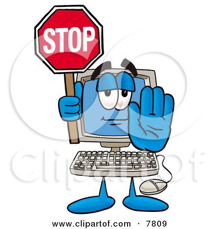 Clipart Picture of a Desktop Computer Mascot Cartoon Character Holding a Stop Sign by Mascot Junction