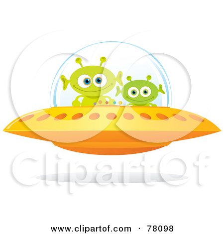 Royalty-Free (RF) Clipart Illustration of a Golden Flying Saucer With Two Green Alien Creatures by Qiun