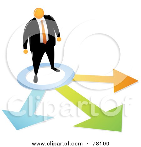 Royalty-Free (RF) Clipart Illustration of an Orange Faceless Businessman Facing Different Opportunities by Qiun