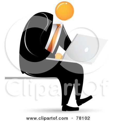 Royalty-Free (RF) Clipart Illustration of an Orange Faceless Businessman Sitting And Using A Laptop by Qiun