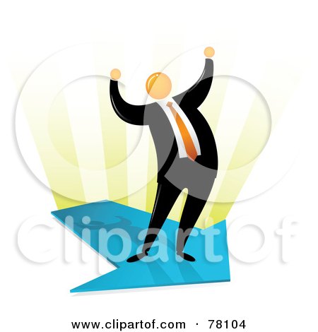 Royalty-Free (RF) Clipart Illustration of an Orange Faceless Businessman Celebrating And Standing On An Arrow by Qiun
