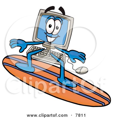 Clipart Picture of a Desktop Computer Mascot Cartoon Character Surfing on a Blue and Orange Surfboard by Mascot Junction