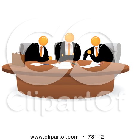 Royalty-Free (RF) Clipart Illustration of a Meeting Of Three Orange Faceless Businessmen Sitting At A Table by Qiun