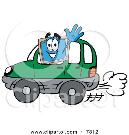 Clipart Picture of a Desktop Computer Mascot Cartoon Character Driving a Green Car and Waving by Mascot Junction