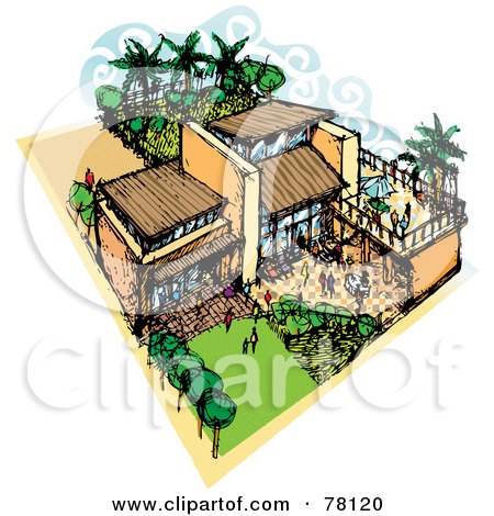 Royalty-Free (RF) Clipart Illustration of a Large Mediterranean House With People In The Courtyards by Qiun