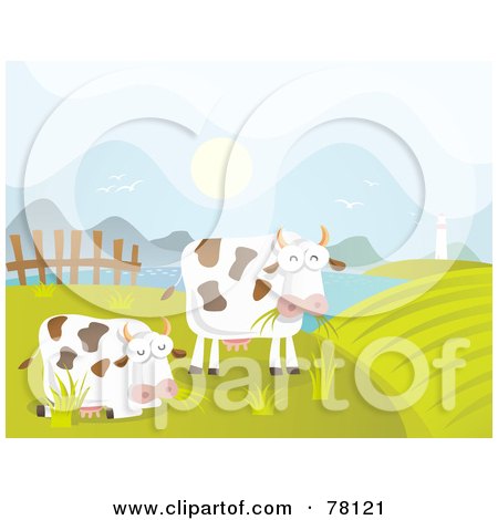 Royalty-Free (RF) Clipart Illustration of Two Grazing Cows In A Coastal Pasture by Qiun