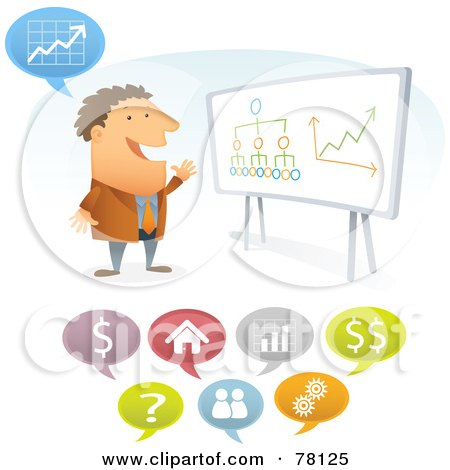 Royalty-Free (RF) Clipart Illustration of a Hyper Businessman Presenting Charts, With Different Icon Balloons by Qiun