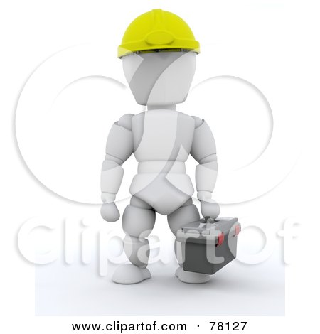 Royalty-Free (RF) Clipart Illustration of a 3d Industrial White Caracter Carrying A Tool Box And Wearing A Helmet by KJ Pargeter