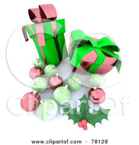 Royalty-Free (RF) Clipart Illustration of 3d Green And Pink Holly, Baubles And Christmas Presents by KJ Pargeter