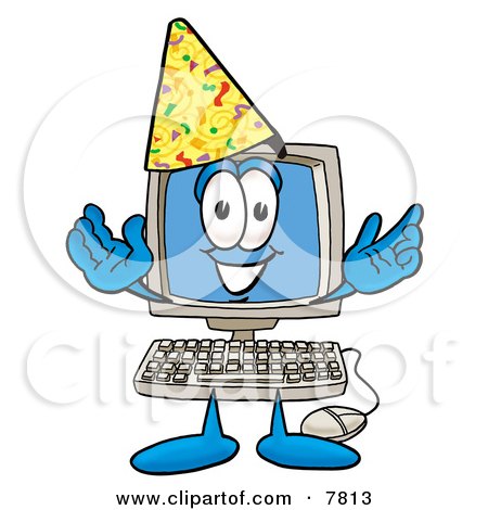 Clipart Picture of a Desktop Computer Mascot Cartoon Character Wearing a Birthday Party Hat by Mascot Junction