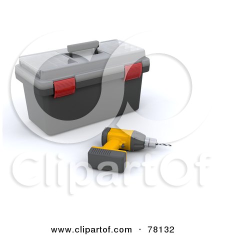 Royalty-Free (RF) Clipart Illustration of a 3d Power Drill Resting Down In Front Of A Tool Box by KJ Pargeter