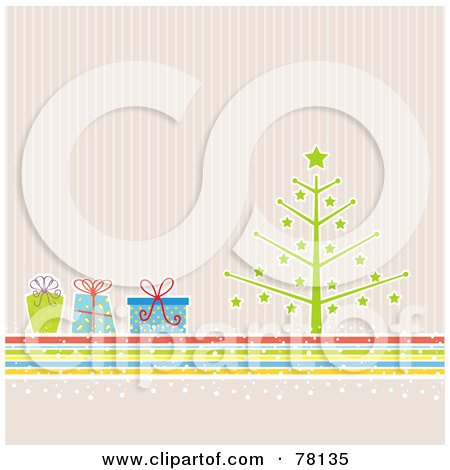 Royalty-Free (RF) Clipart Illustration of a Retro Christmas Tree With Colorful Presents Over Pastel Stripes by KJ Pargeter