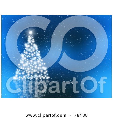 Royalty-Free (RF) Clipart Illustration of a Sparkly White Light Christmas Tree On A Snowy Blue Background by KJ Pargeter