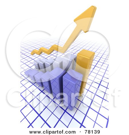 Royalty-Free (RF) Clipart Illustration of a Yellow 3d Arrow Over An Increasing Bar Graph by KJ Pargeter