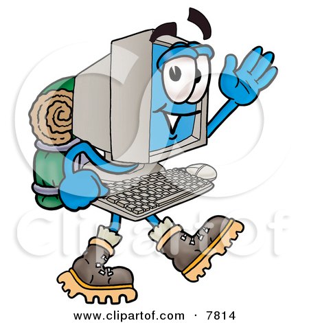 Clipart Picture of a Desktop Computer Mascot Cartoon Character Hiking and Carrying a Backpack by Mascot Junction