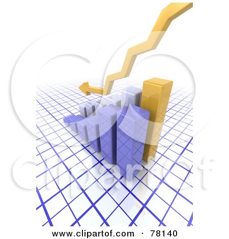 Royalty-Free (RF) Clipart Illustration of a Yellow 3d Arrow Over A Declining Bar Graph by KJ Pargeter