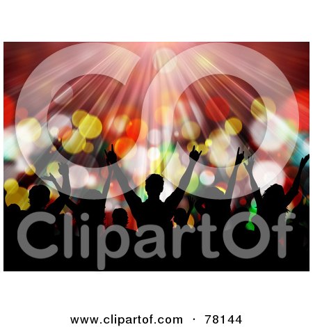 Royalty-Free (RF) Clipart Illustration of a Silhouetted Dancing Party Crowd Against Colorful Sparkles by KJ Pargeter