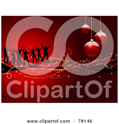 Royalty-Free (RF) Clipart Illustration of a Gradient Red Christmas Party Background With Dancers, Waves And Frosted Ornaments by KJ Pargeter