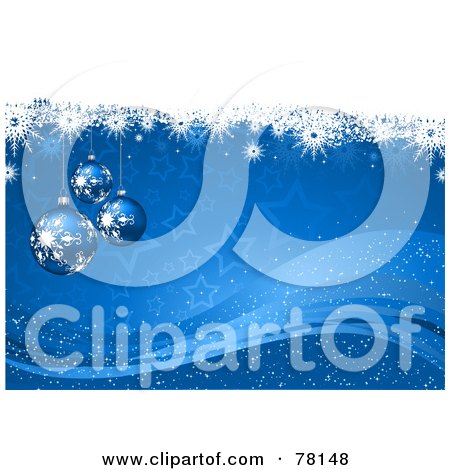 Royalty-Free (RF) Clipart Illustration of a Blue Starry Christmas Background With Snowflakes, Snow, Waves And Baubles by KJ Pargeter