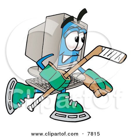 Clipart Picture of a Desktop Computer Mascot Cartoon Character Playing Ice Hockey by Mascot Junction