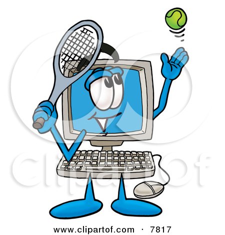 Clipart Picture of a Desktop Computer Mascot Cartoon Character Preparing to Hit a Tennis Ball by Mascot Junction