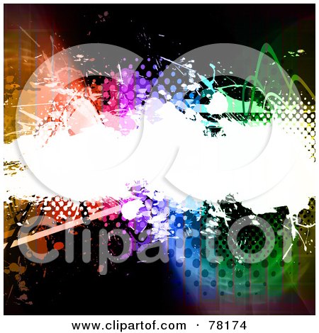 Royalty-Free (RF) Clipart Illustration of a Grungy White Text Box Over A Colorful Halftone Wave On A Black Background by Arena Creative