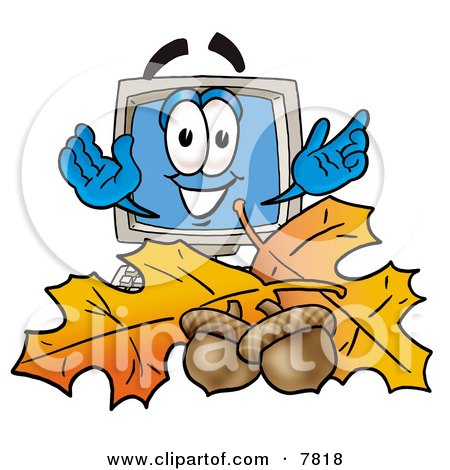 Clipart Picture of a Desktop Computer Mascot Cartoon Character With Autumn Leaves and Acorns in the Fall by Mascot Junction