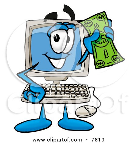 Clipart Picture of a Desktop Computer Mascot Cartoon Character Holding a Dollar Bill by Mascot Junction
