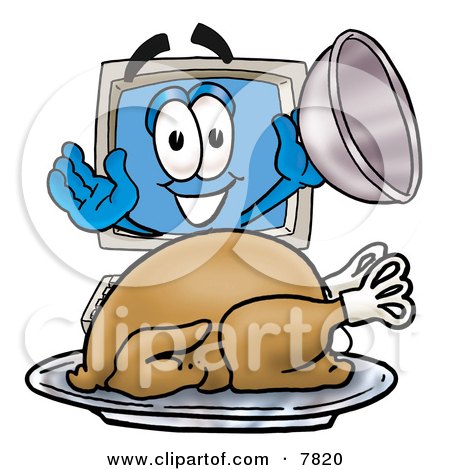 Clipart Picture of a Desktop Computer Mascot Cartoon Character Serving a Thanksgiving Turkey on a Platter by Mascot Junction